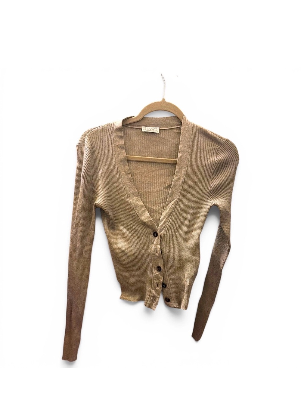 Brunello Cucinelli Light Brown Ribbed V-Neck Cardigan